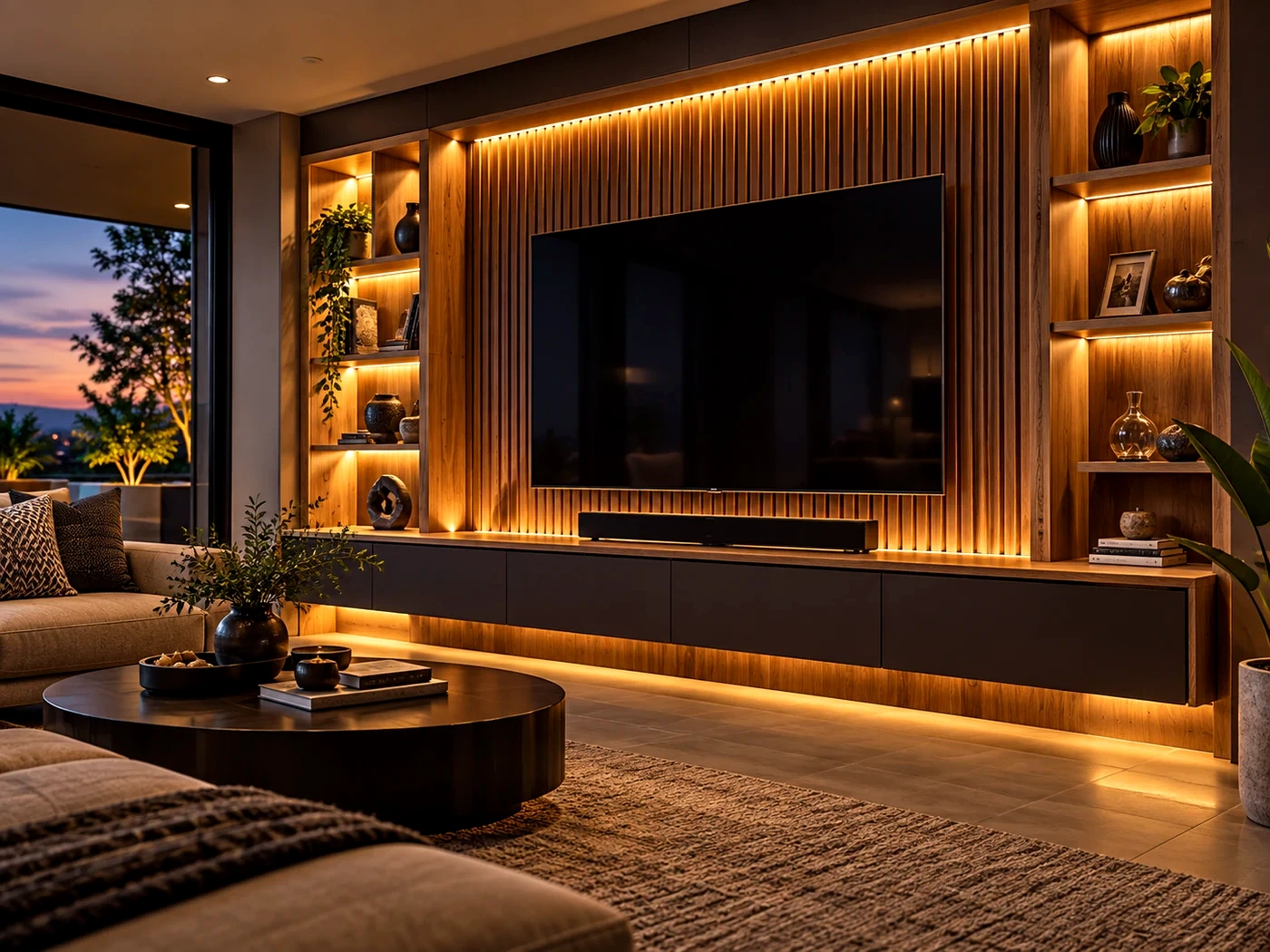 Finished bespoke custom media wall and cabinetry